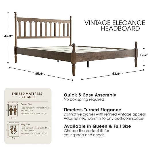 Queen Size Bed Frame with Headboard & Footboard, Solid Wood Platform Design, Center Metal Legs with 12 Durable Slatted Base, No Box Spring Needed, Anti-Slip & Noise-Free, Barnwood Finish, WCQ-30