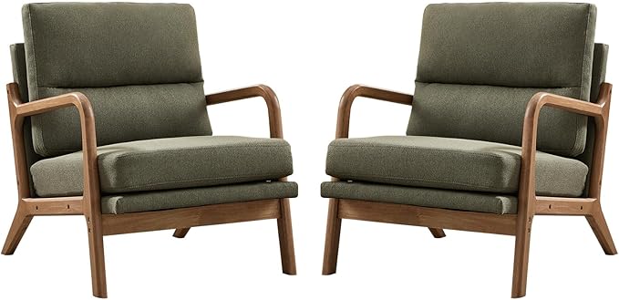Mid Century Modern Accent Chair Set of 2, Linen Fabric Upholstered Lounge Arm Chair with Solid Wood Frame and Soft Cushion for Living Room, Bedroom, Balcony (1, Green)