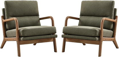 Mid Century Modern Accent Chair Set of 2, Linen Fabric Upholstered Lounge Arm Chair with Solid Wood Frame and Soft Cushion for Living Room, Bedroom, Balcony (1, Green)