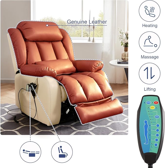 MAEVIS Large Genuine Leather Power Lift Recliner Chair, Dual Motor Recliner for Elderly,Extended Footrest and Lumbar Pillow for Tall Man,with Heat and Massage, USB and Type-C Ports(Beige)