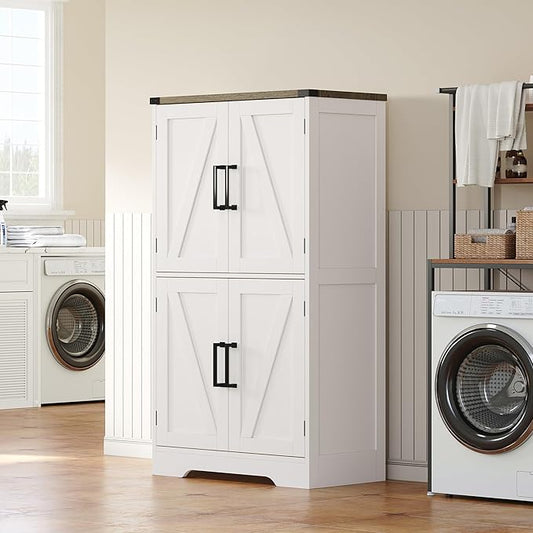 Treocho Bathroom Floor Cabinet, Farmhouse Bathroom Storage Cabinet with Doors and Adjustable Shelves, Freestanding Kitchen Pantry Cabinet, Cupboard for Living Room, Dining Room, White