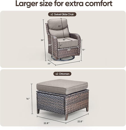 Swivel Patio Chairs sofa Set of 4 with 6" Thick Cushion - Wicker Outdoor Swivel Rocker Patio Chair with Side Table, High Back Comfortable Outdoor Glider Chairs - Brown Wicker | Grey Cushions