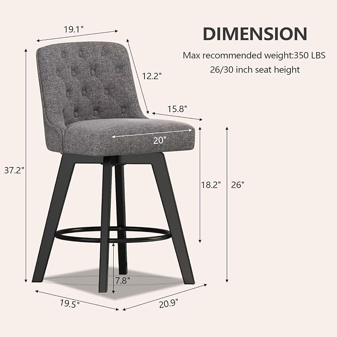 MINCETA Bar Stools Set of 2, 26 Inch Upholstered Barstools with Low Tufted Back and Footrest, Swivel Counter Height Barstools for Kitchen Island Home Bar Performance Fabric Gray