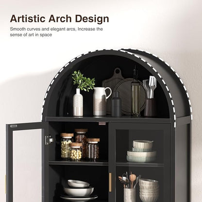 Arched Cabinet with Glass Doors, Fluted Tall Pantry with Solid Wood Legs, 71" Modern Accent Cabinet for Living Room, Kitchen, Dining Room, Entryway, Black