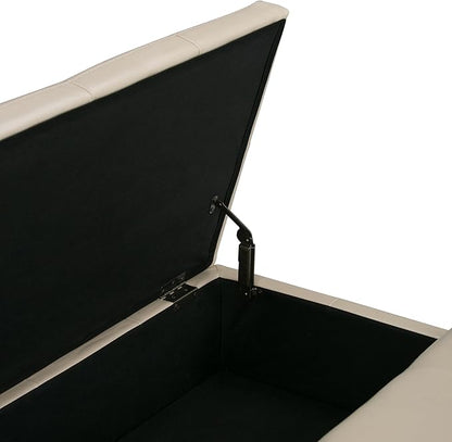 SIMPLIHOME Dover 36 inch Wide Contemporary Square Coffee Table Storage Ottoman in Satin Cream Vegan Faux Leather, Assembled, For the Living Room and Bedroom