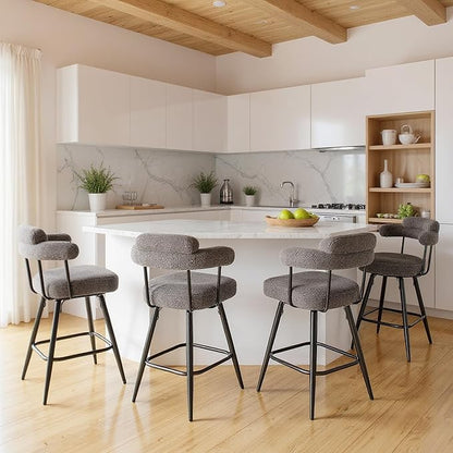 COSTWAY Counter Height Bar Stools Set of 4, 27" Swivel Modern Upholstered Counter Chairs with Boucle Fabric, Curved Backrests & Metal Legs, for Kitchen Island, Home, Pub (4, Grey + Black)
