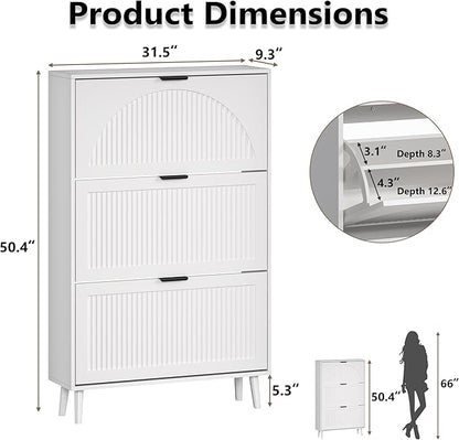 Shoe Cabinet for Entryway with 3 Flip Drawers, Slim Wooden Shoe Storage Organizer with Modern Fluted Pannel，Freestanding Narrow Hidden Shoe Rack for Hallway, Foyer, Living Room
