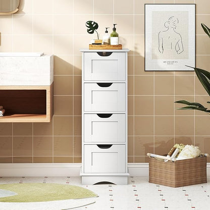 Giantex Bathroom Storage Cabinet with 4 Drawers, 32" Freestanding Storage Organizer Unit with Cutout Handles, Anti-Tipping Device, Narrow Floor Cabinet for Hallway, Living Room, Entryway (White)