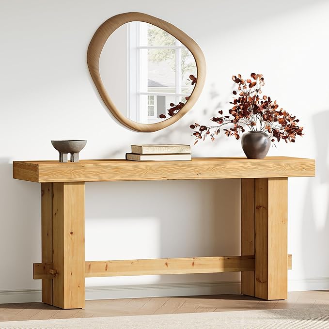 Tribesigns Console Table, 63" Solid Wood Farmhouse Sofa Table with Storage for Living Room, Narrow Entryway & Hallway Accent Table Behind Couch, Natural Wood Finish