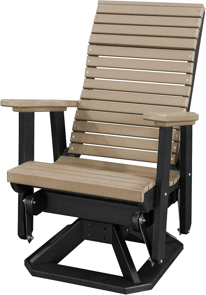 DutchCrafters Modern Horizontal Slat High Back Poly Adirondack Swivel Glider Outdoor Patio Chair (Black & Weatherwood)