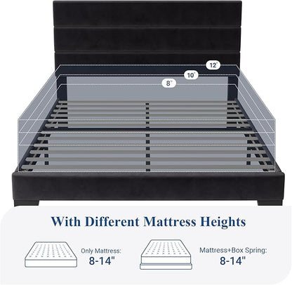 Allewie Full Size Platform Bed Frame with Velvet Upholstered Headboard and Wooden Slats Support, Fully Upholstered Mattress Foundation/No Box Spring Needed/Easy Assembly, Black