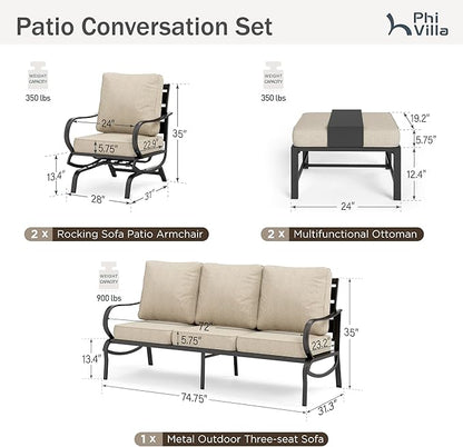 PHI VILLA 5 Pcs Patio Furniture Set with 1 x 72 Padded Deep Seating Bench Sofa, 2 x Cushioned C-Base Sofa Chairs and 2 x Metal Cushioned Ottoman, Outdoor Deluxe Furniture Patio Set for Backyard