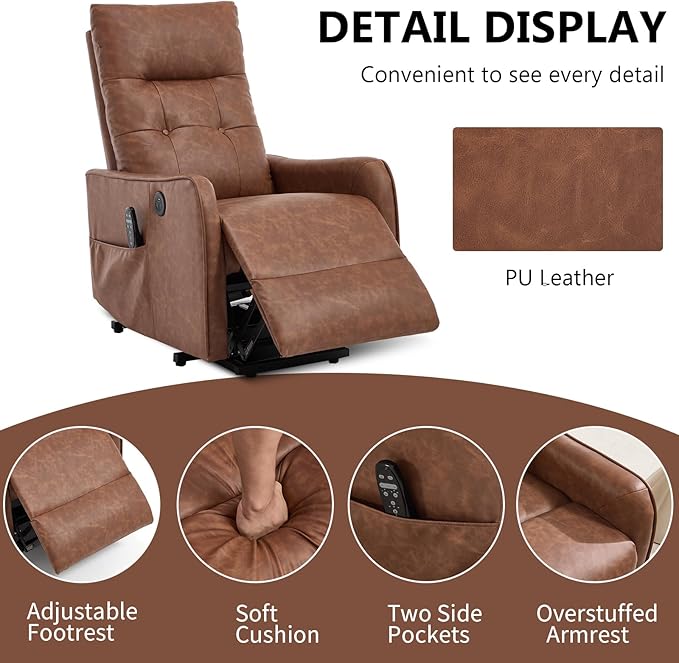 PELUMY Manual Lift Recliner Chair with Massage and Heat for Elderly, Single Motor Electric Lift Chair, Heavy Duty Recliner with USB Charging & Side Pockets (Breathable Leather, Yellow Brown)