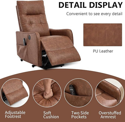PELUMY Manual Lift Recliner Chair with Massage and Heat for Elderly, Single Motor Electric Lift Chair, Heavy Duty Recliner with USB Charging & Side Pockets (Breathable Leather, Yellow Brown)