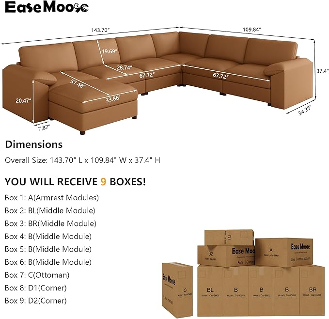 EASE MOOSE Faux Leather Sectional with Ottoman, Oversized Modular Couch, Modular Sectional Sofa with Deep Seat, Scratch Resistant Faux Leather Material, U Shaped Couch for Big Spaces, Brown