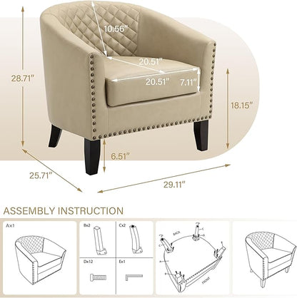 Pia Ricco Faux Leather Barrel Chairs Set of 2, Modern Comfy Accent Chairs, Upholstered Armchair Club Chairs with Nailhead Trim, Single Sofa Barrel Chair for Living Room Reading Room, Beige