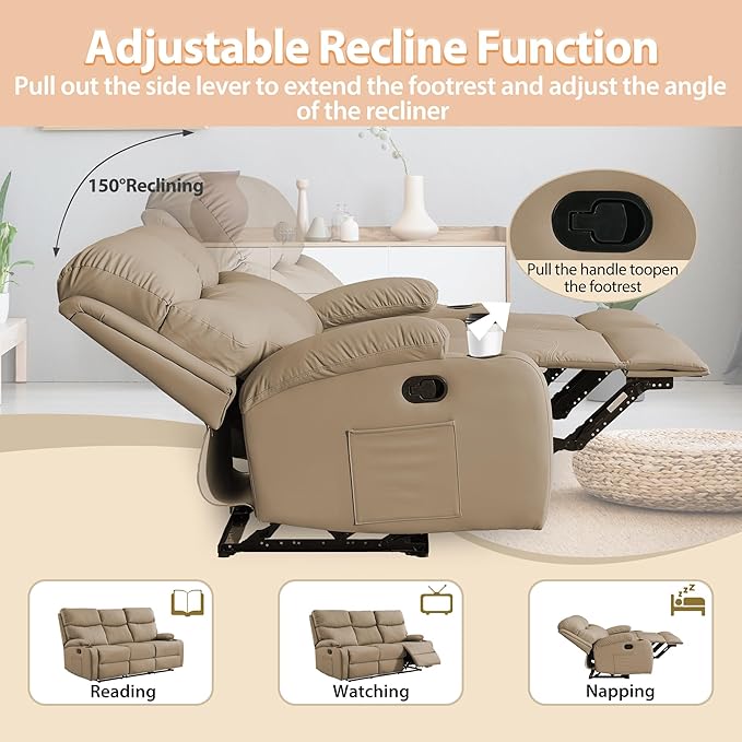 3-Seater Manual Seater Reclining Anti-Scratch 3 Seat Reclining Sofa with Side Pocket and Cupholders Reclining Loveseat Sofa for Living Room Meeting Room Bedroom Office Apartment