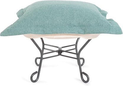 Howard Elliott Scroll Puff Ottoman Chair With Cover, Multipurpose Alternate Seating Footstool Footrest Chair with Titanium Frame, Patio Furniture for Camping, Home, Indoor & Outdoor, Sterling Breeze