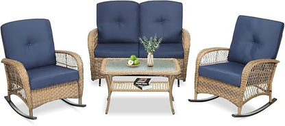 VIVIJASON 4-Piece Outdoor Patio Wicker Conversation Sets, All Weather Outdoor Rattan Furniture Set Includes Glider Loveseat, Coffee Table, 2 Rocking Chairs with Cushions for Backyard, Navy Blue