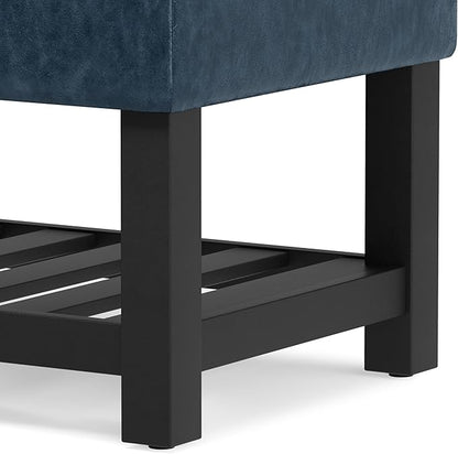 SIMPLIHOME Cosmopolitan 44 inch Wide Transitional Rectangle Storage Ottoman Bench with Open Bottom in Denim Blue Vegan Faux Leather, Assembled for the Living Room and Bedroom