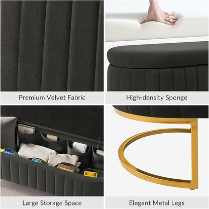 EcoHarbor Living 55.5" Storage Bench Ottoman End of Bed Bench Bedroom Bench, Upholstered Velvet Long Window Bench Large King Size with Gold Legs, Flipping Lid Entryway Footrest (Grey)