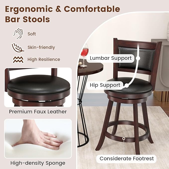 COSTWAY Bar Stools Set of 4, 360 Degree Swivel, 24" Accent Wooden Swivel Seat Counter Height Bar Stool, Leather Upholstered Design, PVC Cushioned Seat, Perfect for Dining and Living Room (Height 24")