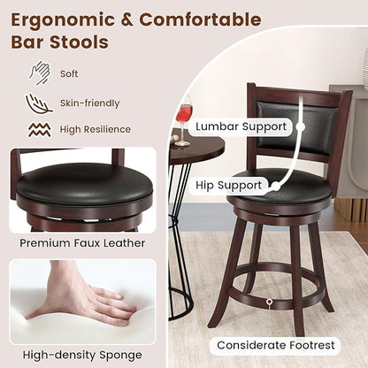 COSTWAY Bar Stools Set of 4, 360 Degree Swivel, 24" Accent Wooden Swivel Seat Counter Height Bar Stool, Leather Upholstered Design, PVC Cushioned Seat, Perfect for Dining and Living Room (Height 24")