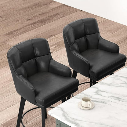360°Swivel Counter Height Bar Stools with Back, 30 inch Solid Wood Legs, Bar Stool Modern Kitchen Island Chairs, Faux Leather (Black- Faux Leather, 30" H- Set of 2)