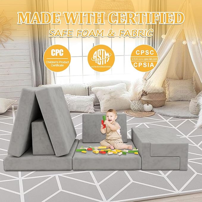 Modular Kids Play Couch,Kid Couches for Toddler & Children,Child Sectional Sofa Fort Building for Playroom Furniture,Convertible Sofa for Boys & Girls, Grey