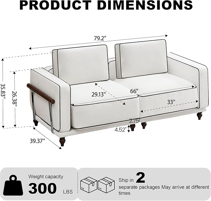 80" Loveseat Sofa Cloud Modular Sectional Couch,Deep Love Seat Couch with Armrests Wooden Legs,2 Seater Comfy Thicked Cushion Upholstered Sofa for Living Room Bedroom,White