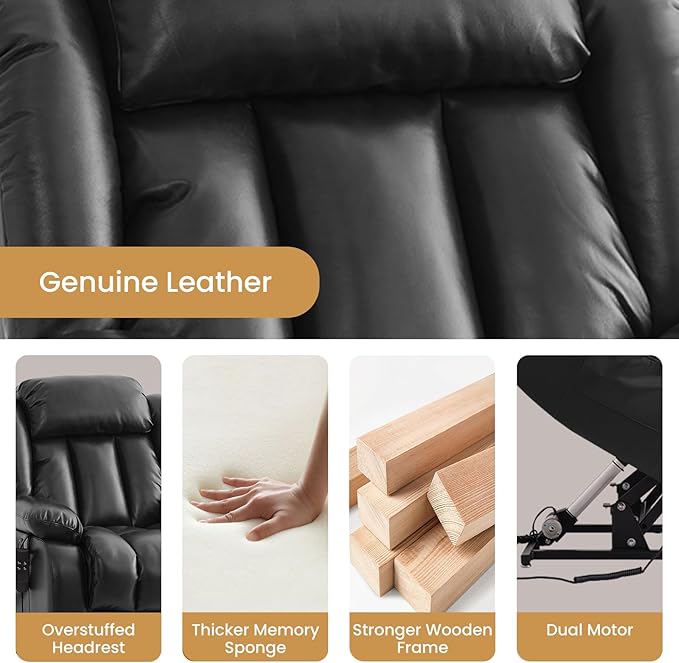 TEKAMON Power Lift Recliner Chair for Elderly with Heat & Massage, Dual Motor Genuine Leather Recliner, Lay Flat Sleeping Chairs with Infinite Position, RemoteControl(Black, Extended)