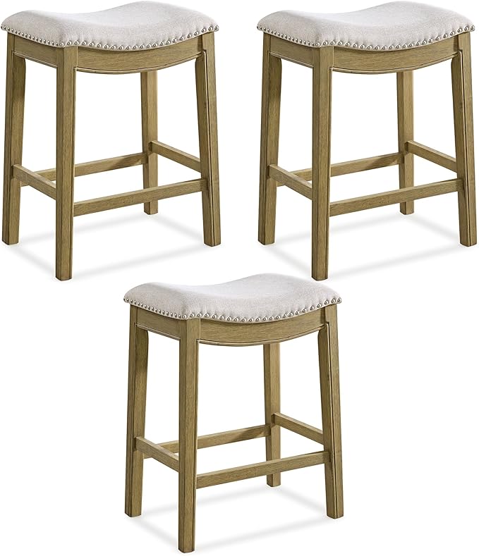 ROME + OAK Set of 3 Parker 26" Counter Stool, Backless Saddle Kitchen Barstool in Natural Wood Finish with Wheat Cream Fabric Upholstery Cushion Seat