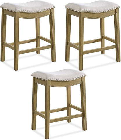 ROME + OAK Set of 3 Parker 26" Counter Stool, Backless Saddle Kitchen Barstool in Natural Wood Finish with Wheat Cream Fabric Upholstery Cushion Seat