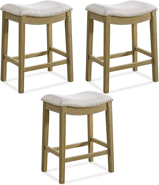 ROME + OAK Set of 3 Parker 26" Counter Stool, Backless Saddle Kitchen Barstool in Natural Wood Finish with Wheat Cream Fabric Upholstery Cushion Seat