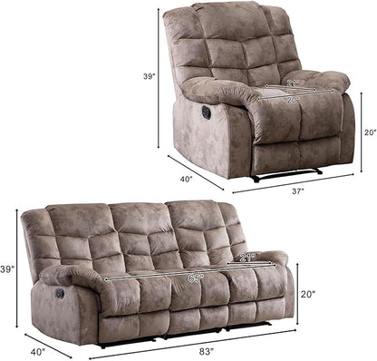 EBELLO Manual Recliner Couch Set, Soft Fabric Reclining Living Room Sofa Set, Includes Single Recliner Chair and 3PC Bonded Sofa, Light Brown