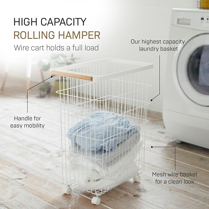 Yamazaki Home Wire Slim Saving Rolling Wheeled Clothing Hamper | Steel + Wood | Laundry Basket, One Size, White