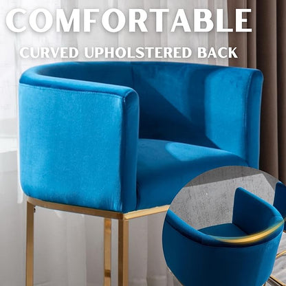 Contemporary Blue Velvet Bar Stools Set of 2, 24" Upholstered Fabric Counter Height Barstools Kitchen Counter Island Stools with Screwed Together Golden Metal Base