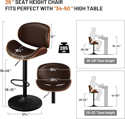 Furniliving Adjustable Bar Stools Set of 2, Swivel Bentwood Barstools Counter Height Bar Stools, Ergonomic Modern Bar Stools with Back Upholstered Barstools for Dining Room, Kitchen, Bar, Brown, PU