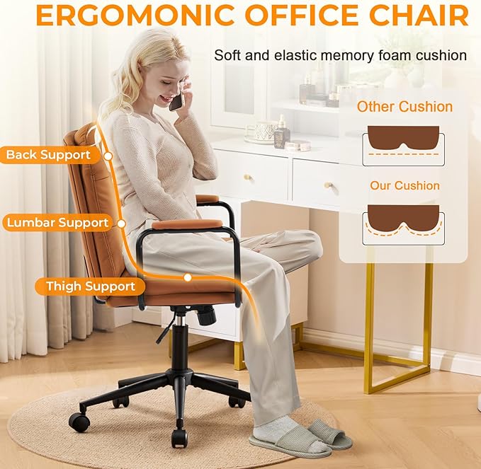 Furniliving Leather Home Desk Chair, Comfortable Executive Office Chair with Wheels, Ergonomic Computer Task Chair Adjustable Height, Brown