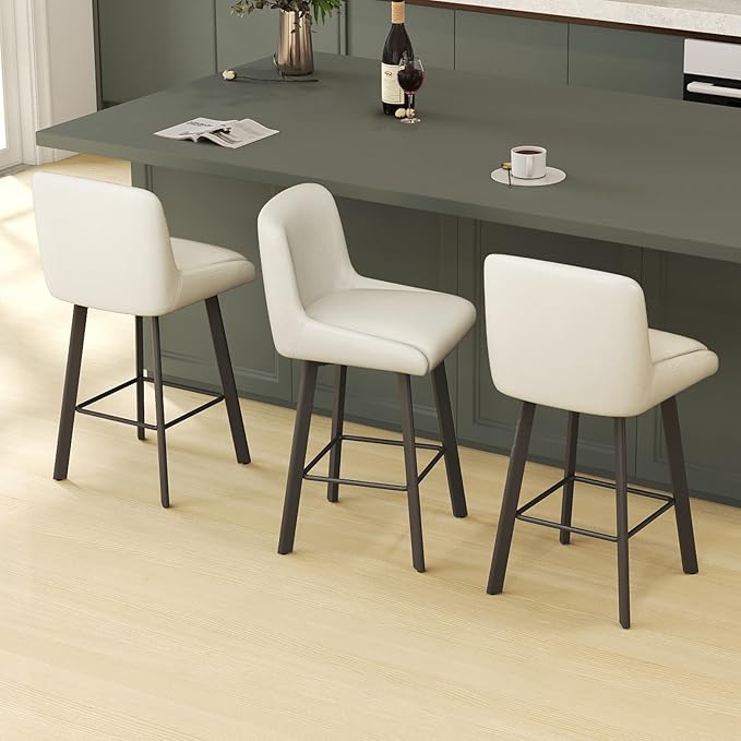 Swivel Bar Stools, 26''H Upholstered Barstools with Backs, Modern Counter Height Bar Stool Chairs for Kitchen Island, Metal Legs (Beige- Faux Leather, Set of 3-26" H)