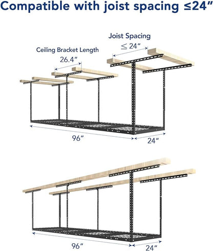FLEXIMOUNTS 2x8 Garage Storage Rack, Adjustable Overhead Storage Organization System, Heavy Duty Metal Ceiling Rack, 400lbs Weight Capacity, Black, Classic Series