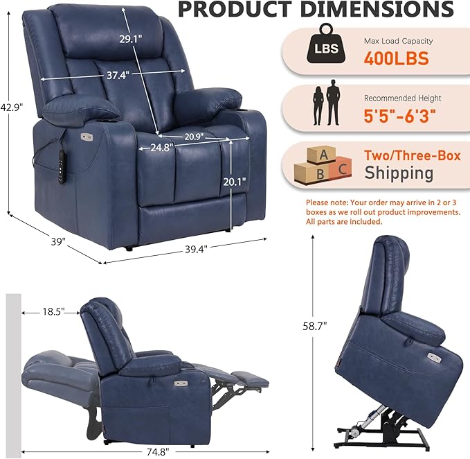 EONIX Dual Motor Oversized Power Lift Recliner Chair for Elderly, 400lbs Heavy Duty Faux Leather Recliner with Massage and Heat, Big and Tall Lay Flat Lift Chair with Cup Holders, SLRY006, Navy Blue