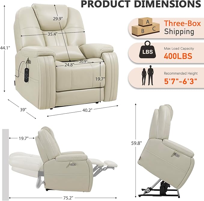 EONIX Triple Motor Lay Flat Power Lift Recliner Chair for Elderly with Adjustable Headrest, 400lbs Electirc Lift Chair for Living Room, Lumbar Pillow, Extended Footrest, Cream White