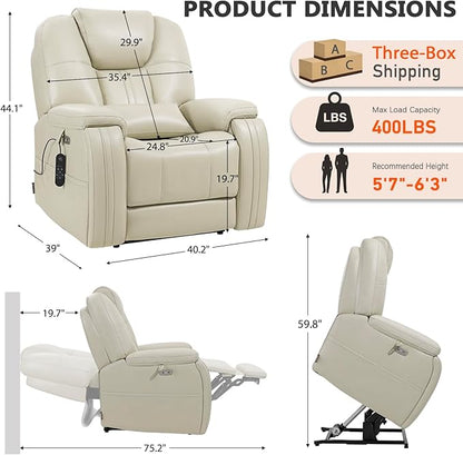 EONIX Triple Motor Lay Flat Power Lift Recliner Chair for Elderly with Adjustable Headrest, 400lbs Electirc Lift Chair for Living Room, Lumbar Pillow, Extended Footrest, Cream White