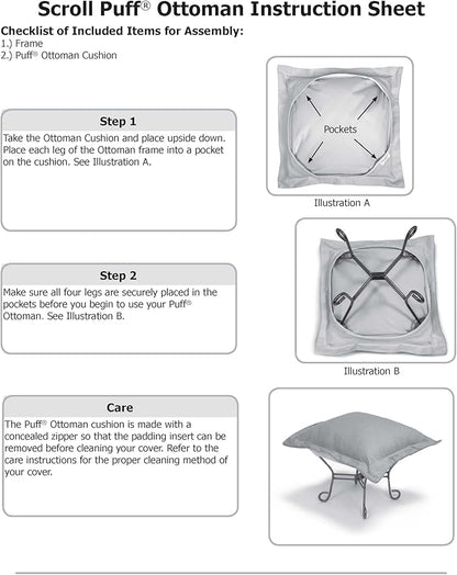 Howard Elliott Scroll Puff Ottoman Chair With Cover, Multipurpose Alternate Seating Footstool Footrest Chair with Titanium Frame, Patio Furniture for Camping, Home, Indoor & Outdoor, Bella Pewter