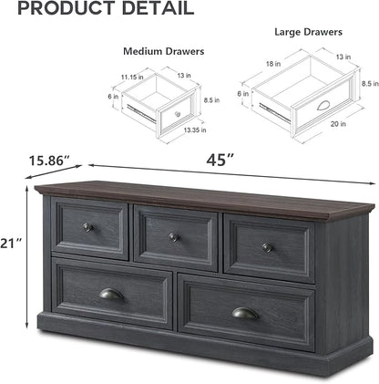 Farmhouse 5 Drawers Dresser for Bedroom, 45" Wide Chest of Drawers, 21" Tall Storage Closet Bench Storage Chest Storage Trunk, Wood Rustic Dresser for Closet, Living Room, Hallway, Dark Grey