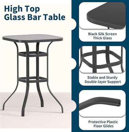 Amopatio 5 Piece Patio Bistro Set with 4 Bar Chairs and Glass Table, All-Weather Textilene Patio Bar Stools, Sturdy Outdoor High Top Table and Chairs for 4 for Backyard, Porch, Balcony, Black