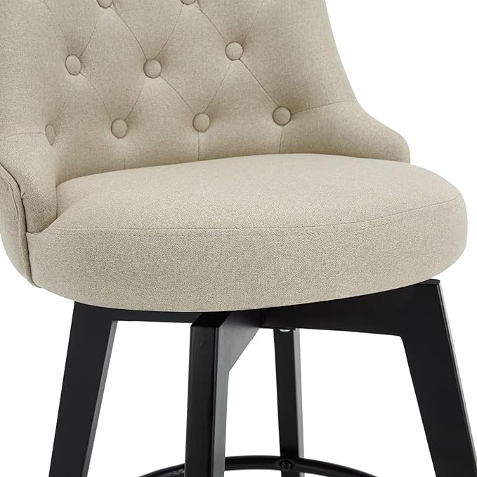 MINCETA Set of 4 Upholstered Bar Stools - 26 Inch Swivel Counter Height Stools with Low Tufted Back, Footrest & Performance Fabric - Khaki Round Seat for Kitchen Island & Home Bar