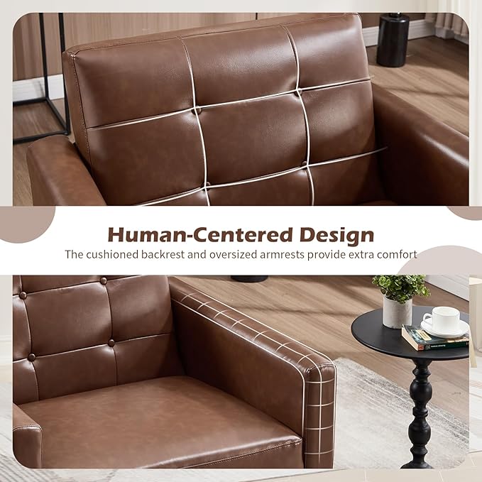 CANMOV 29" W Oversized Leather Accent Chair Set of 2, Armchair Button Back, Mid Century Modern Accent Chairs for Living Room, Modern Upholstered Bed Room Chair Cozy Armchair with Wood Legs, Brown