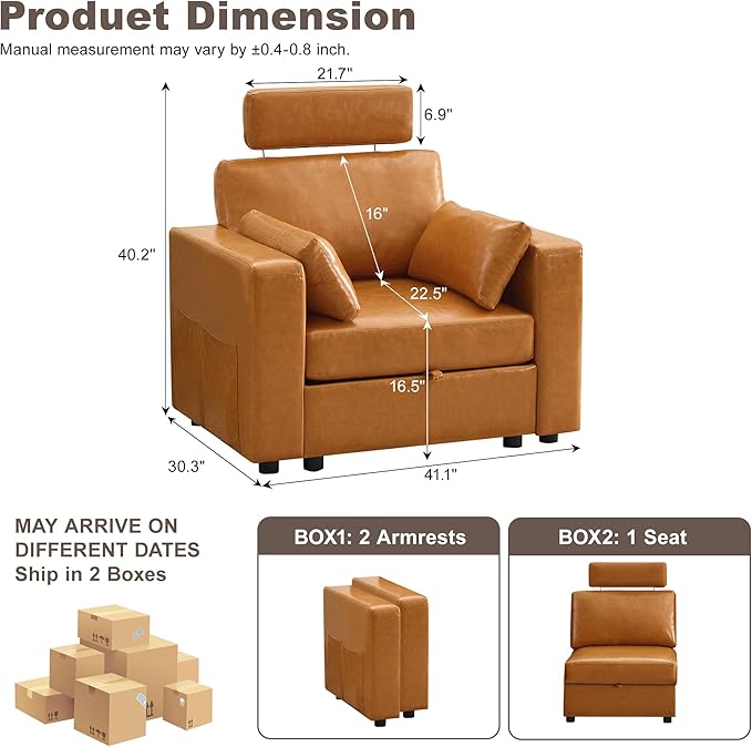 41.1" Accent Sofa Chair with Storage, Faux Leather Living Room Chairs with Headrest and Side Pockets, Mid Century Modern Arm Chair, Upholstered Comfy Single Couch Reading Club Chairs, Brown